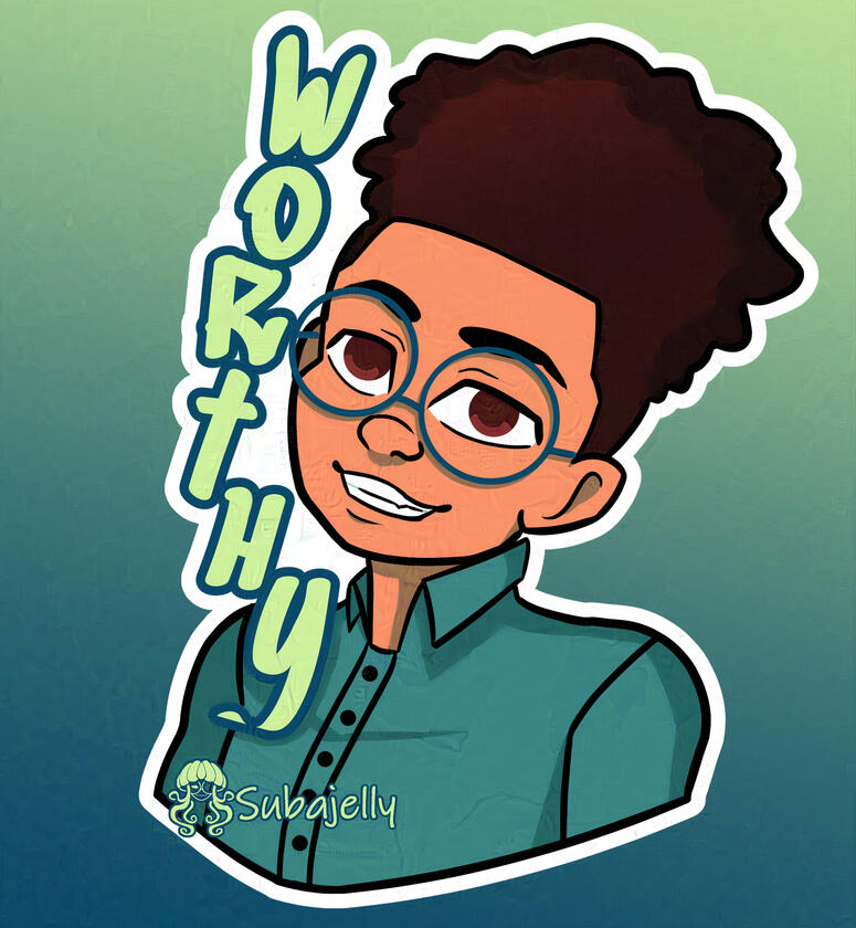 A light-skinned Black boy wears a button-up shirt and round glasses. His hair is a tall afro with tapering on the side of his head. His affirmation is Worthy.