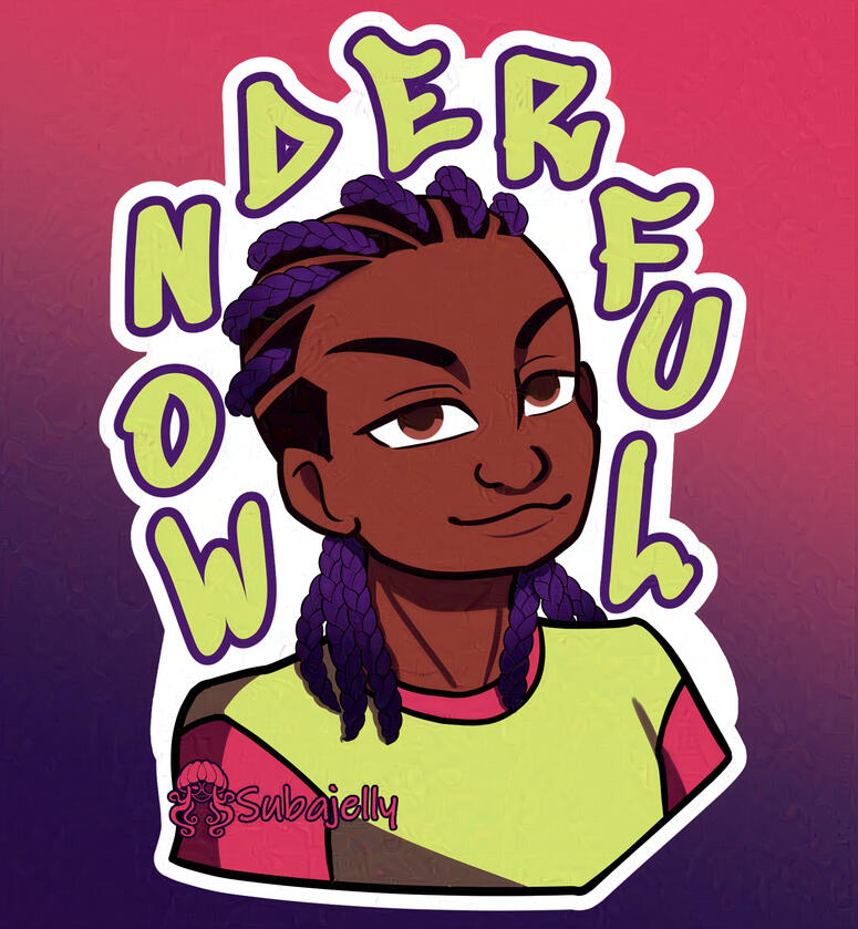 A darker-skinned Black kid wears their hair in shoulder-length cornrows. They also wear a short sleeved tshirt. Their affirmation is Wonderful.