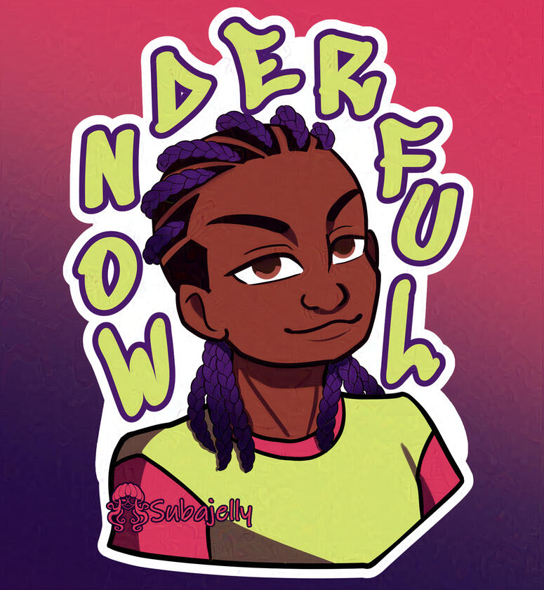 A darker-skinned Black kid wears their hair in shoulder-length cornrows. They also wear a short sleeved tshirt. Their affirmation is Wonderful.