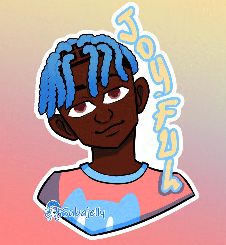 A dark-skinned Black boy wears a his hair in two-strand twists, along with a shirt with a cat's face on it. His affirmation is Joyful.