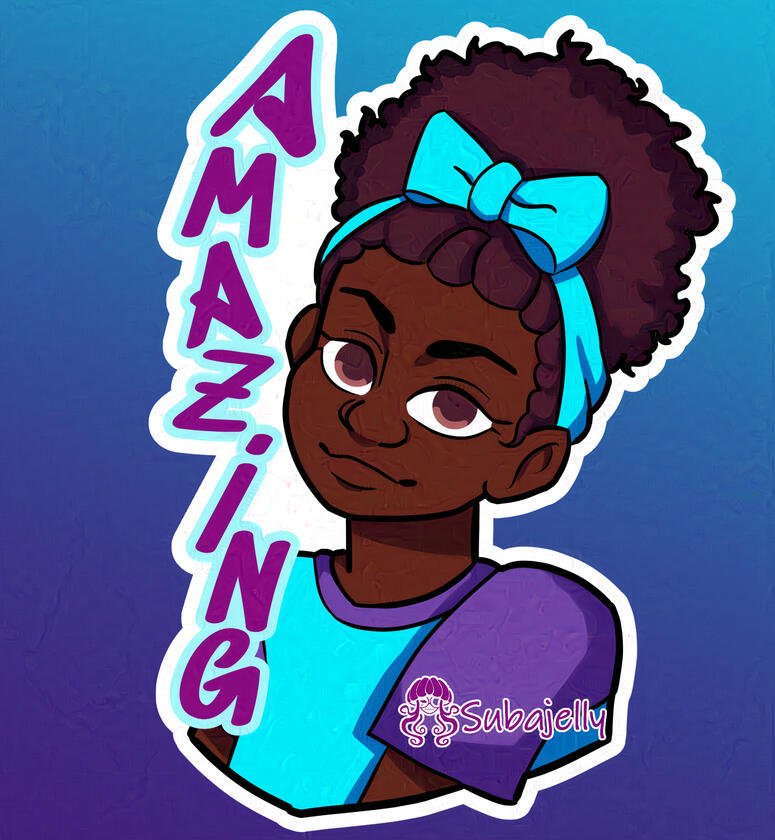A dark-skinned Black girl has her 4c-curly hair tied in a puff on top of her head. She wears a headband tied in a bow to keep it place, along with a short-sleeved tshirt. Her affirmation is Amazing.