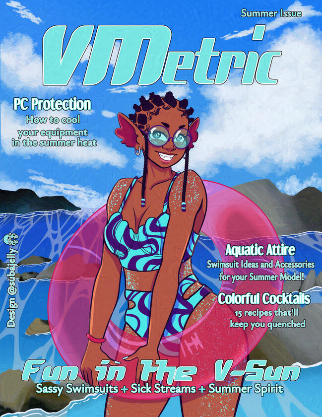 Jayla Cephidae wears a two-piece swimsuit with a shell-like bra. Her hair is styled in bantu knots, and she has glasses, small hoop earrings, and a bracelet on. She’s holding a swim tube while posed in front of some watery rocks near a shore.