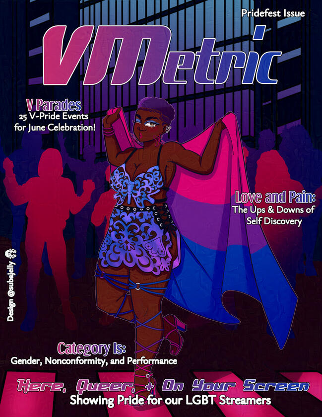 Nima Soustere, a plump Black woman with light brown eyes, wears a butterfly two-piece outfit out of lace with a dark mesh underneath. She also has butterfly earrings, bracelets, and lace-up shoes that all coordinate with the Bisexual pride colors.