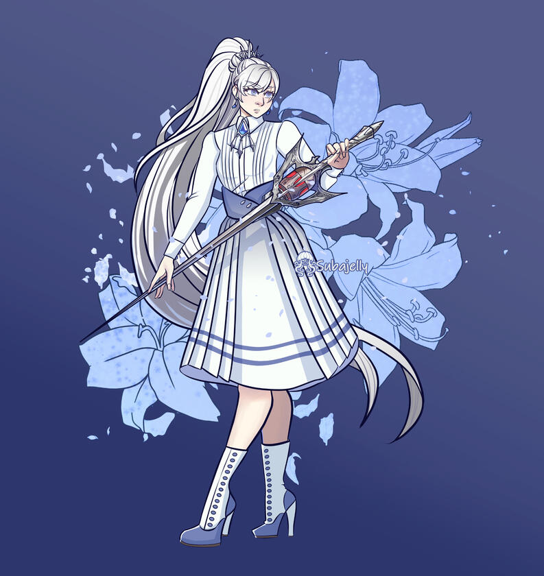 Weiss Schnee stands in front of frosted lilies, sword at the ready. She wears a long pleated skirt, a blouse, and low heels