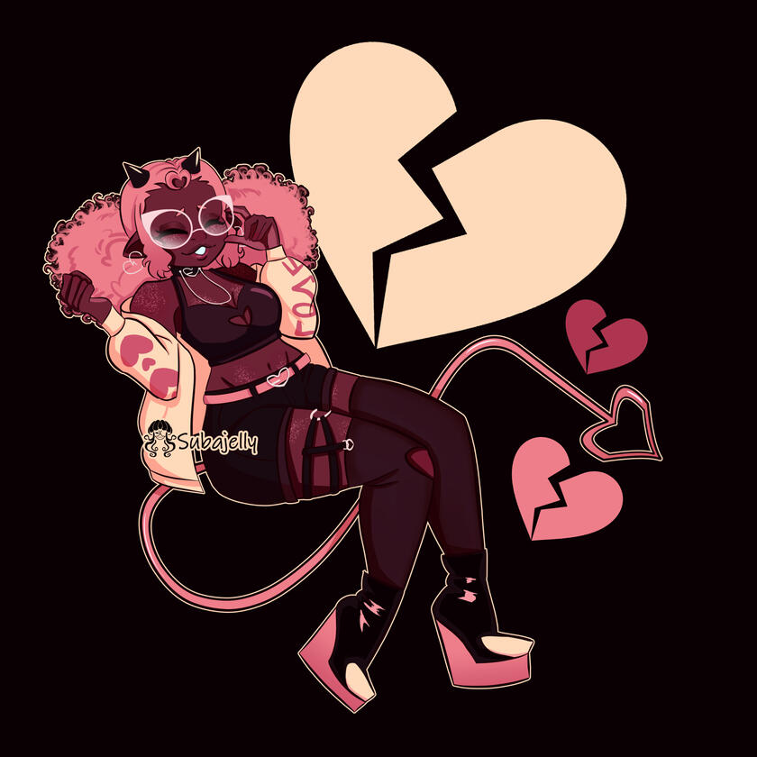 A semi-chibi, semi-full-body, semi-chibi picture of vtuber Lovmura. She’s floating in a black void surrounded by various-sized hearts, and she wears a sweater over her crop-top, shorts and tights.