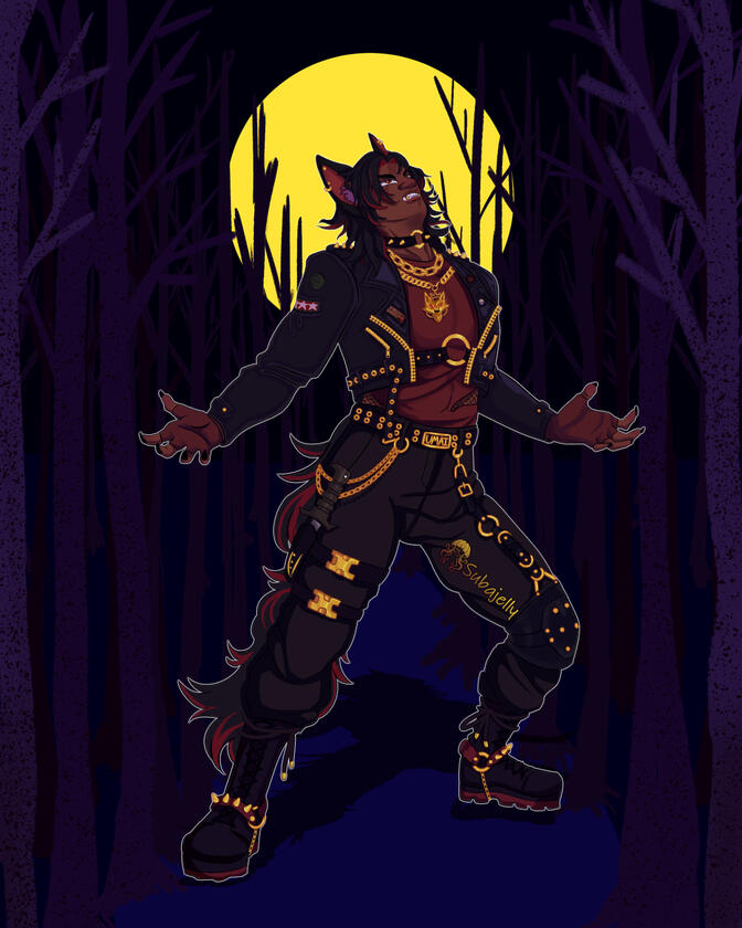 Illustration of Yami Umai’s, claws unsheathed and teeth bared, arching his back at the moon. He wears a modified leather military look, clad in cargo pants, a studded jacket with harnesses, and gold chains.