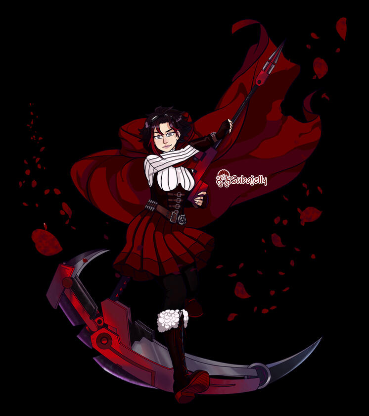 Descending into her landing strategy is Ruby Rose. She wears a knit long-sleeved turtleneck with fingerless gloves over the sleeves, an underbust corset, a knit skirt with tights and fur boots, and her cloak.