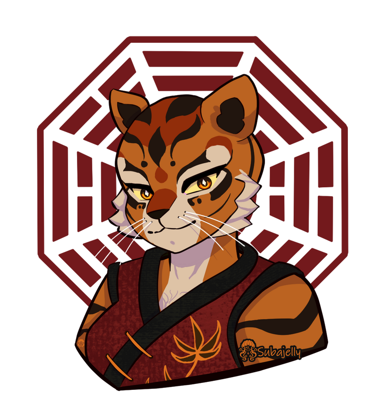 Bust of Tigress from Kung-Fu Panda with the Taoist symbol behind her. Her smile is subtle, but still brings joy.