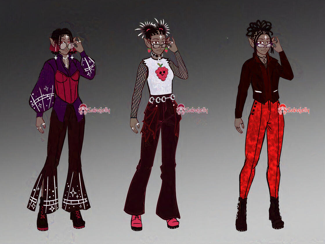 A short skinny black girl with pointy ears and locs. Look 1: Star studded blouse and pants with corset and star earrings. Look 2: pants with bat wings attached and a ripped shirt over mesh. Moon and berry accessories. Look 3: a leather jacket and pants