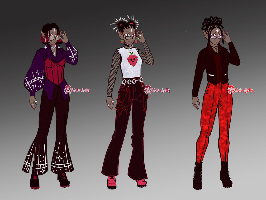A short skinny black girl with pointy ears and locs. Look 1: Star studded blouse and pants with corset and star earrings. Look 2: pants with bat wings attached and a ripped shirt over mesh. Moon and berry accessories. Look 3: a leather jacket and pants