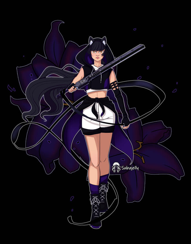 Strutting forward with Gambol Shroud in gloved hands is Blake Belladonna, who wears a crop top with a crop hoodie over it, shorts with a sash tied over, and combat boots. Her ponytail which peaks out of the hood and blows in the wind with the ribbons.
