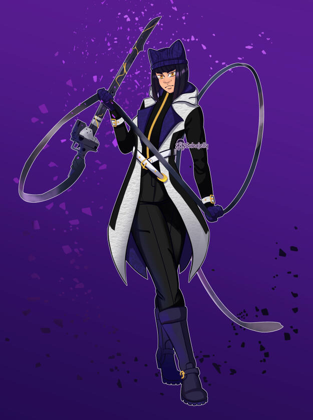 Full-body illustration of Blake Belladonna. She wears a knit cap covering her ears and a long winter tail coat with a Hoodia and exposed Lapels. She struts forward with gambol Shroud unsheathed, ready to strike.