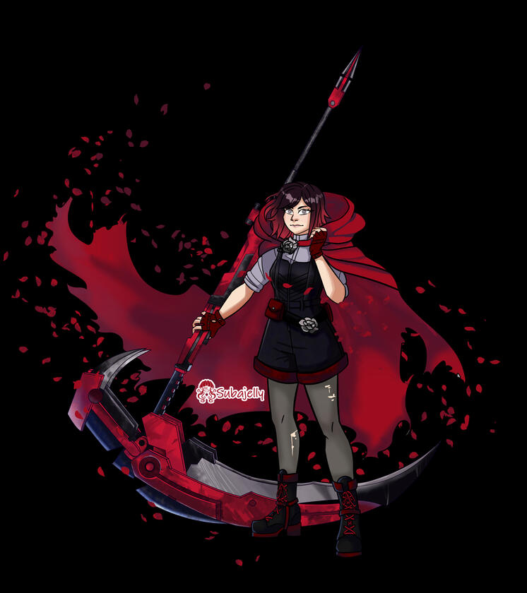 Ruby Rose stands with her tattered cloak billowing around her. as she holds her hood back with one hand and holds out her scythe with another. She wears a pair of overalls over a short-sleeved button-up shirt, gloves and combat boots.
