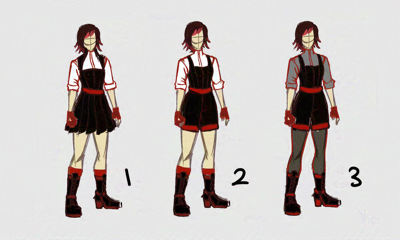 Ruby Vol 4 Sketches Ruby Rose in three outfits, including fingerless gloves, a short-sleeved shirt, boots, and a jumper with either a skirt or short