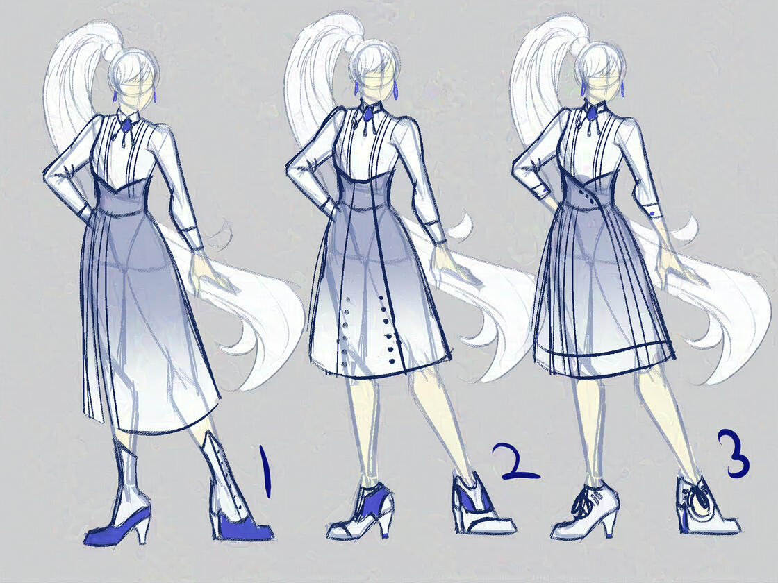 Weiss Schnee in a long-sleeved blouse and varying knee-length skirts, with mary jane shoes or ankle boots and a diamond choker
