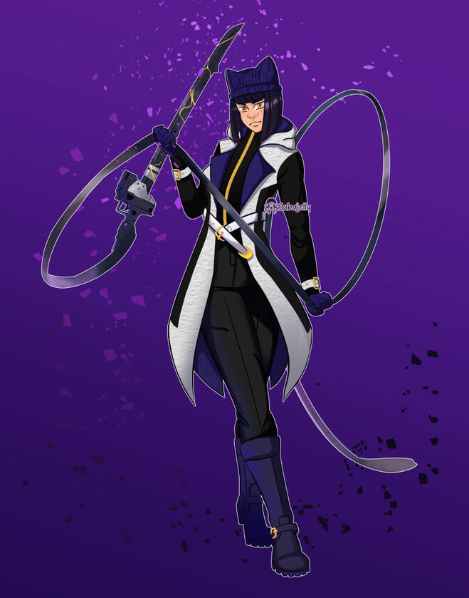 Full-body illustration of Blake Belladonna. She wears a knit cap covering her ears and a long winter tail coat with a Hoodia and exposed Lapels. She struts forward with gambol Shroud unsheathed, ready to strike.