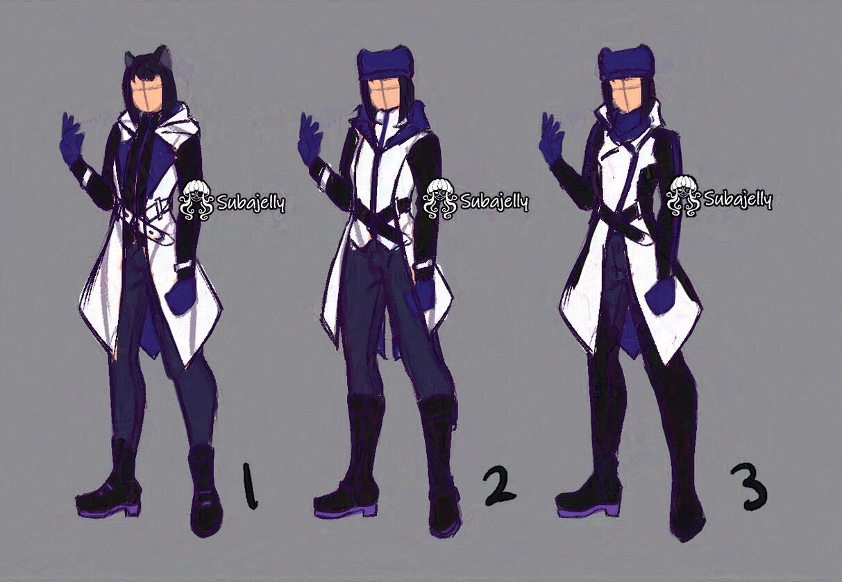 Blake Vol 7 Sketches Blake stands in 3 varing coat-and-pants sets, the first one without a hat, the second with hat, gloves and a hood, and the third with hat gloves, and a scarf. All three winter coats look like tail coats.