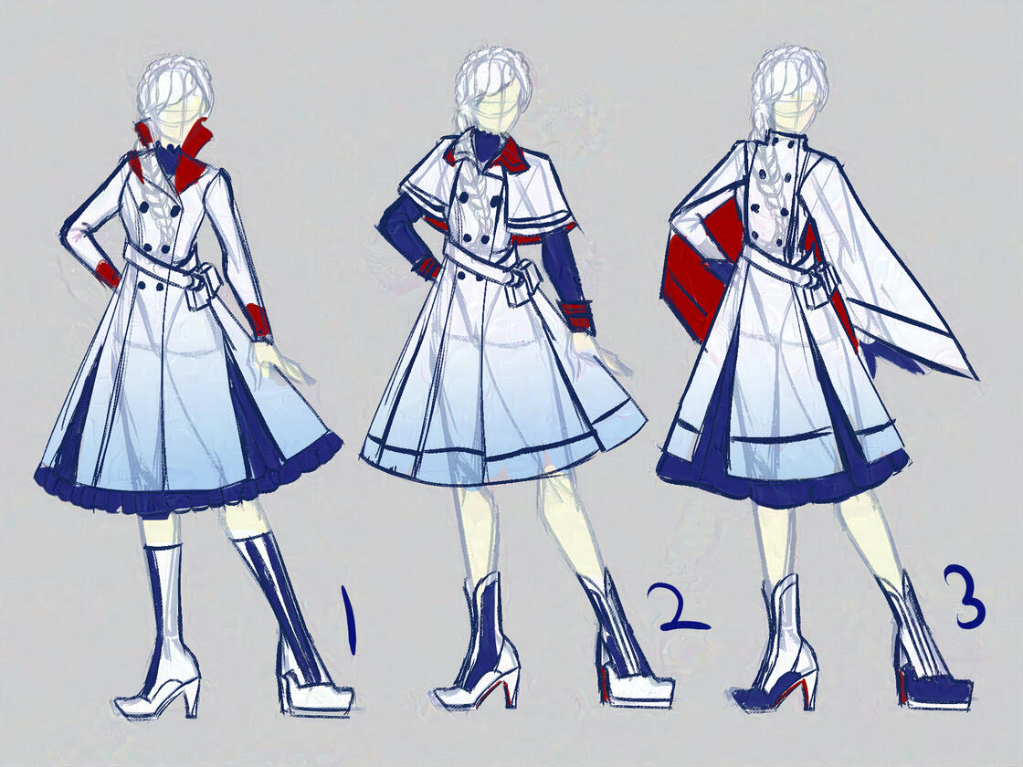 Weiss Vol 7 Sketches Weiss in 3 variations of a peat-coat dress, the first more traditional with open lapels, the second with a small cape and dark sleeves, and the third that's more reminiscent of a military cape uniform.