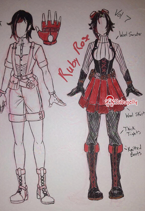 Ruby Vol 7 Sketches Sketch of Ruby's Vol 7 outfit, which has an underbust corset, a knit skirt, dark tights, knee-length fur boots, goggles, and leather gloves over a white turtleneck.