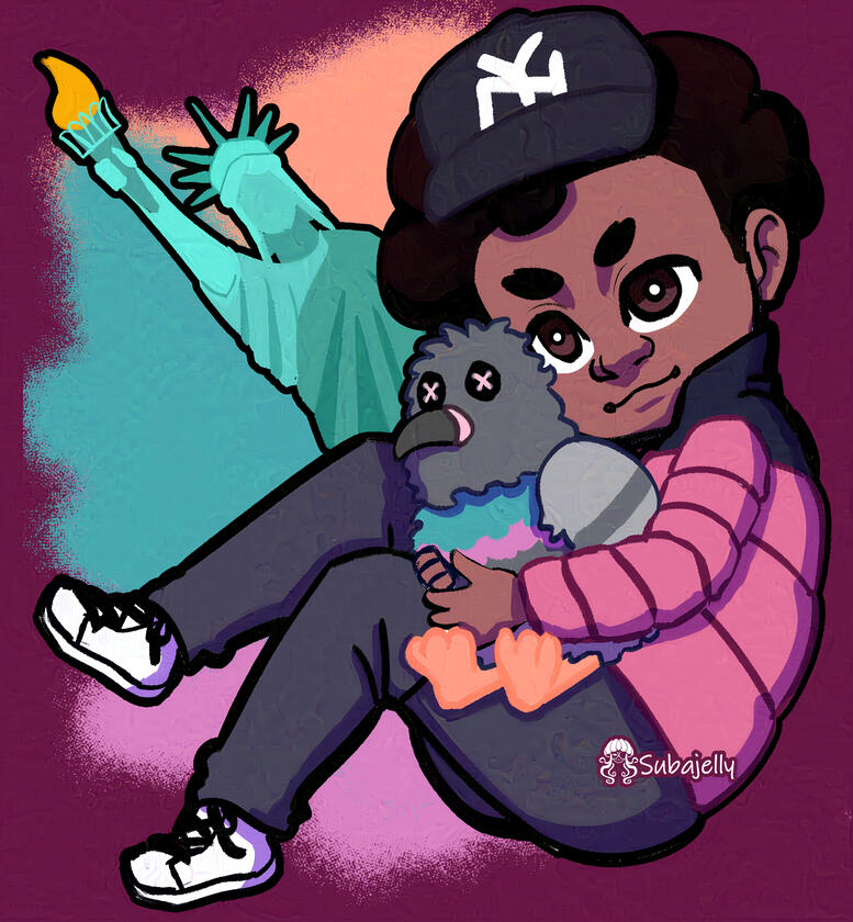 A chibi of vtuber Plush Papi, wearing a puffer jacket winter combo, and a NYC cap. He sits in the fetal position holding a plush pigeon, and lady liberty peaks behind him surrounded by graffiti spray.