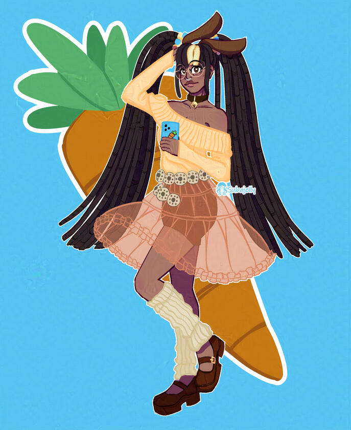 A vtuber sketch of vtuber Rainbvnny, who is wearing an off-shoulder sweater and a knee-length sheer petticoat with shorts underneath, posed to take a selfie with her phone near her heart. Her hair is styled in really long locs, with pigtails held up by bar