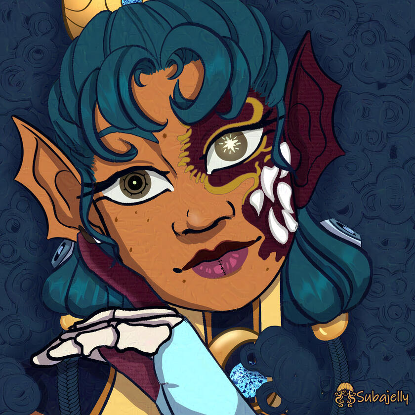 A woman with voluminous curly hair poses with her face tilted to our left, smiling. She has bat-like ears, & the left side of her body is scarred, with burnt skin, and exposed teeth and bones. Her hand, both burned & boney rests against the side of her fac