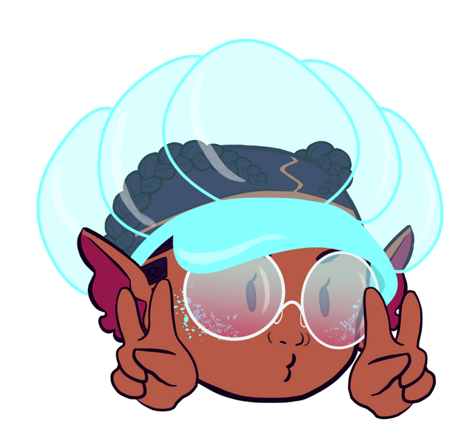 Chibi Head of Jayla, throwing peace signs and giving duck lips