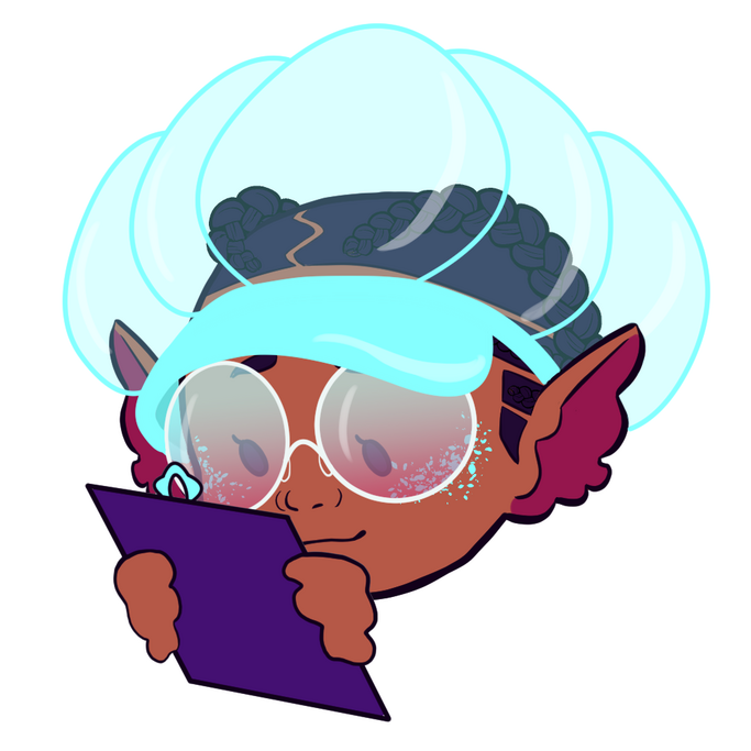 Chibi Head of Jayla Cephidae with a clipboard, looking over orders