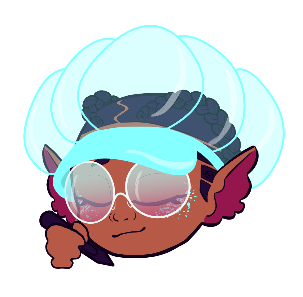 A chibi head drawing of Jayla Cephidae, who is holding her stylus in her right hand and drawing in the void contently with her eyes closed.