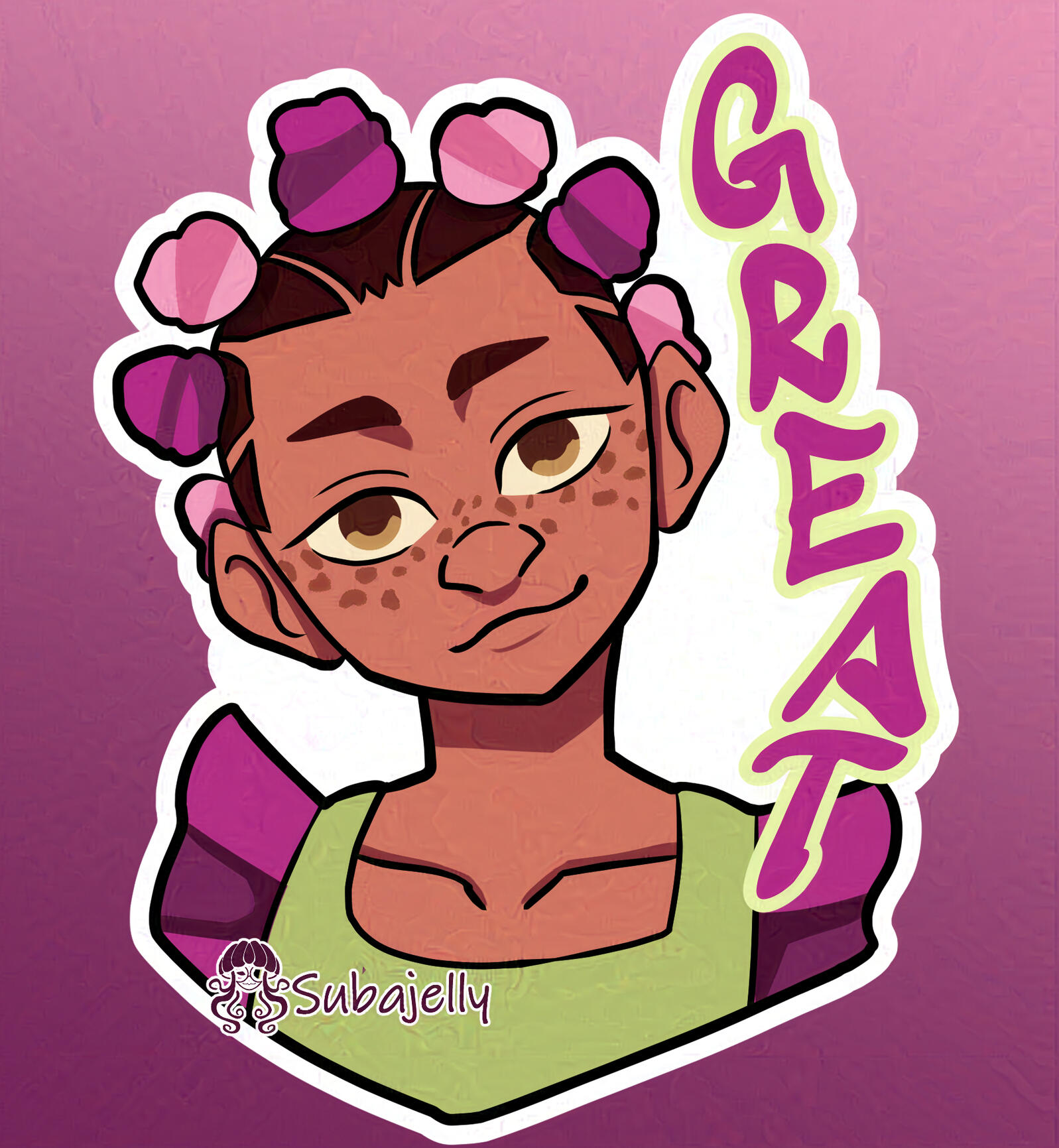 A lighter-skinned Black girl wears a sleeveless dress with ruffles. Her hair is styled in Bantu knots. Her affirmation is Great